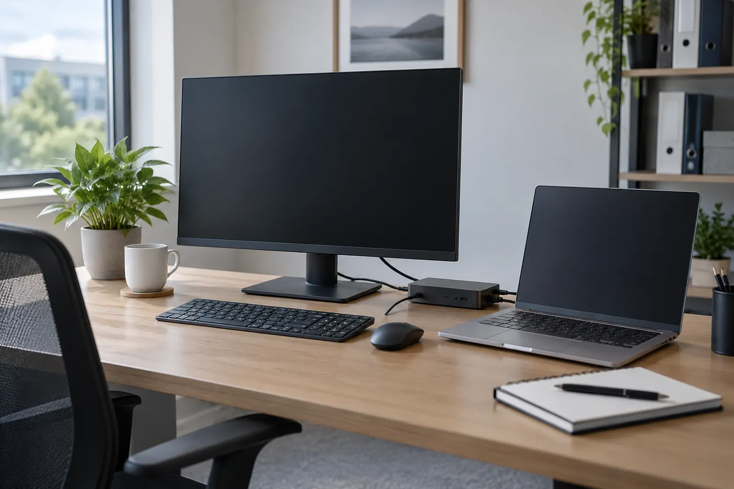 Computers and equipment in a business workspace